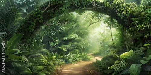 Fototapeta Naklejka Na Ścianę i Meble -  A dense jungle canopy towering above a winding dirt path, its leaves and vines casting dappled shadows on the ground below.