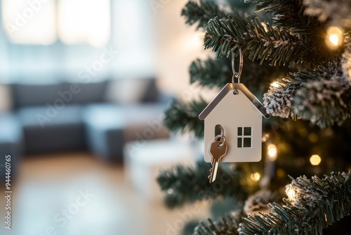 Toy in the form of a house hanging from a Christmas tree. Gift for New Year, moving to a new home, mortgage, rent and purchasing real estate. Winter mood background. Vacation vibe. photo