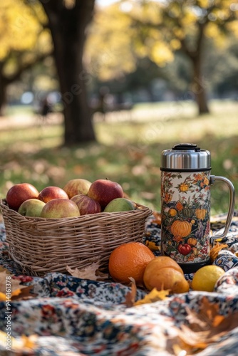 Autumn picnic setup with fruits and a thermos in a park during fall