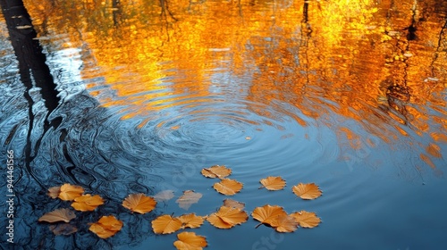 Tranquil autumn landscape with colorful trees reflecting in a serene river at...