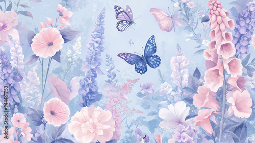 Seamless Pattern Depicting a Magical Fairytale with Enchanting Creatures, Foxgloves, and Butterflies in Soft Pink, Blue, and Lavender - Perfect for Chinoiserie Art and Textiles