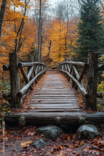 A serene wooden bridge over a creek in a colorful autumn forest on a foggy day