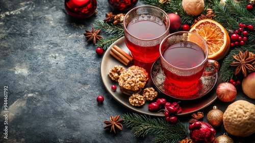 Red Christmas ornaments adorn a dark background with sparkling lights during ...
