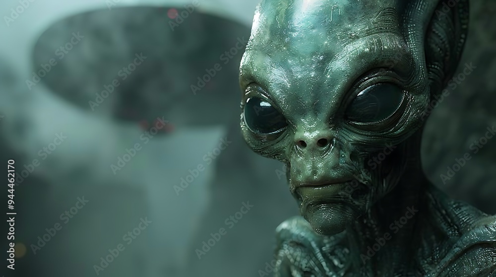 Close-up of a grey alien with a UFO in the background. Close-up of a grey alien with a UFO in the background.