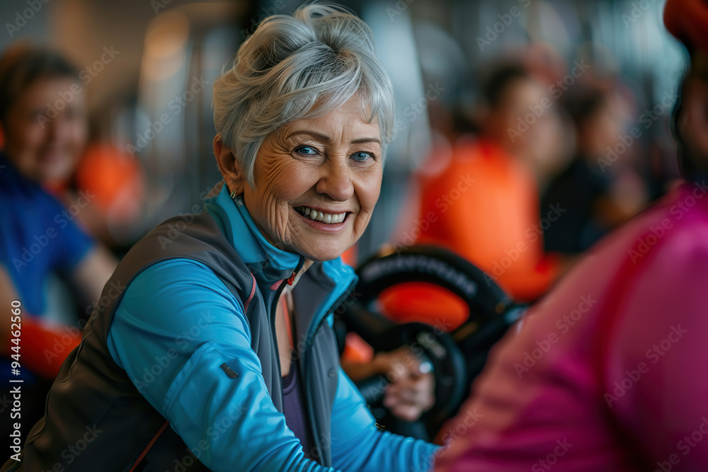 A woman is smiling while riding a stationary bike, generative ai image. A woman is smiling while riding a stationary bike, generative ai image.