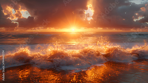 A sunset beach where 2D light rays blend into 3D waves, captured using a golden hour filter to enhance the colors.