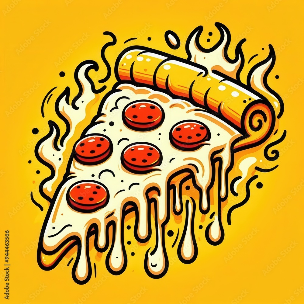 A vibrant, cartoon-style illustration of a delicious pepperoni pizza slice, perfect for food-related projects, menus, or promotional materials.