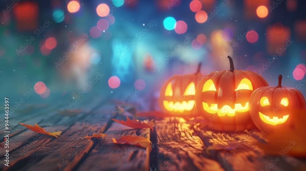 Obraz premium illuminated halloween pumpkins on a table with copy space