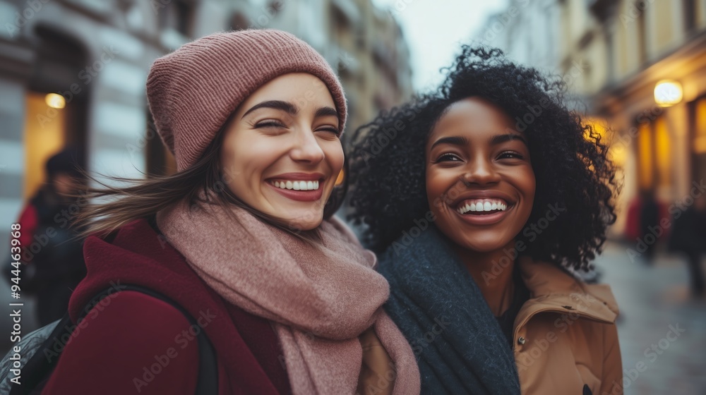 Two friends enjoying a joyful moment while walking through a charming city street during the evening glow of winter