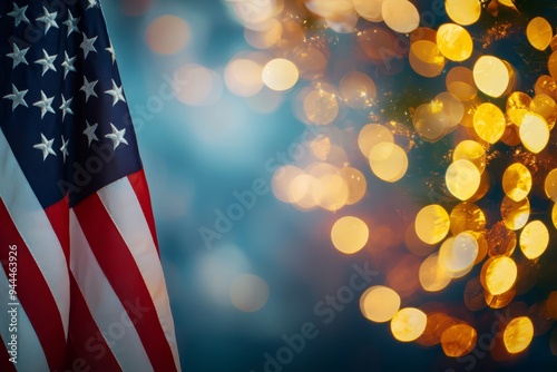 The vibrant American flag flutters gracefully in the breeze, while soft, blurred lights create a celebratory atmosphere, embodying national pride and joy. photo