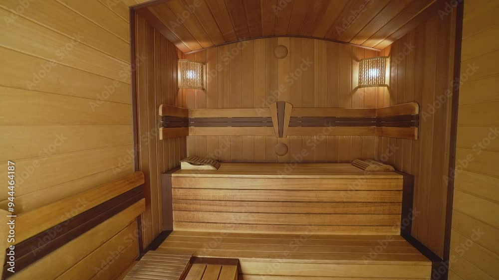 Entering an inviting and tranquil empty sauna room. Entering an inviting and tranquil empty sauna room.