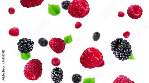 Wallpaper Mural Falling Raspberry, Blackberry and berry leaves with Isolated White Background - High-Quality Stock Video, Falling Raspberry and Blackberry video Torontodigital.ca
