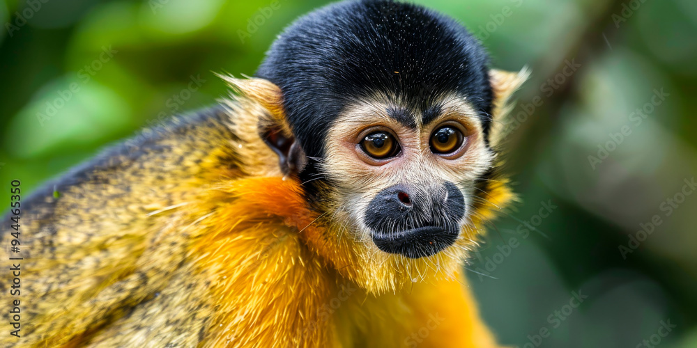 Squirrel monkey with orange and black fur, wide eyes, and curious expression, in a lush green background Squirrel monkey with orange and black fur, wide eyes, and curious expression, in a lush green background