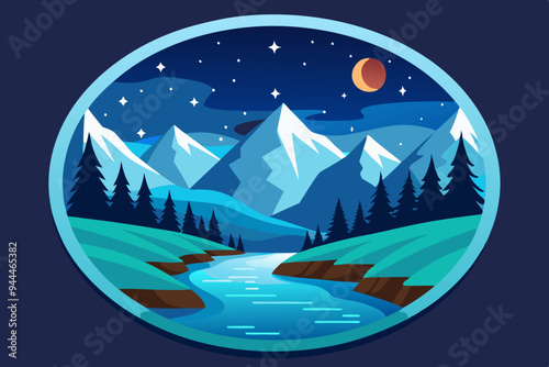 A charming illustration showcases a river flowing through snowy mountain peaks, with pine trees along the banks and a starry evening sky, held within a circular frame. 