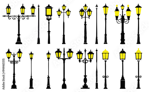 Street lamp post set vector in flat style, isolated in white background