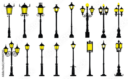 Street lamp post set vector in flat style, isolated in white background