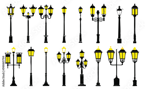Street lamp post set vector in flat style, isolated in white background