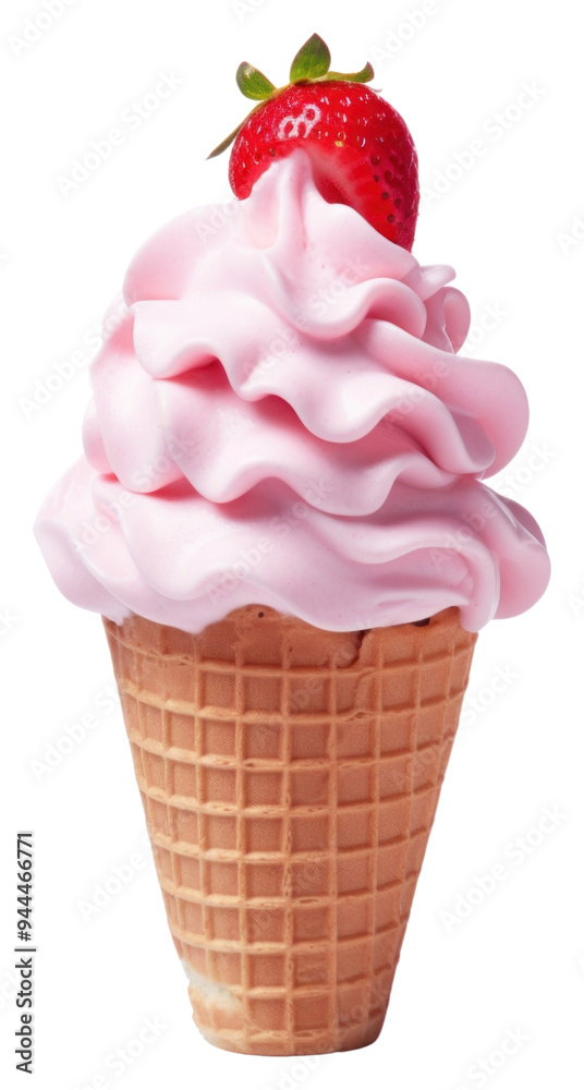 PNG An icecream cone topped with strawberry dessert fruit food. PNG An icecream cone topped with strawberry dessert fruit food.
