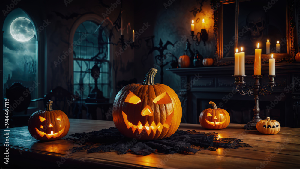 Fototapeta premium Spooky pumpkins on a haunted table on Halloween night under full moon