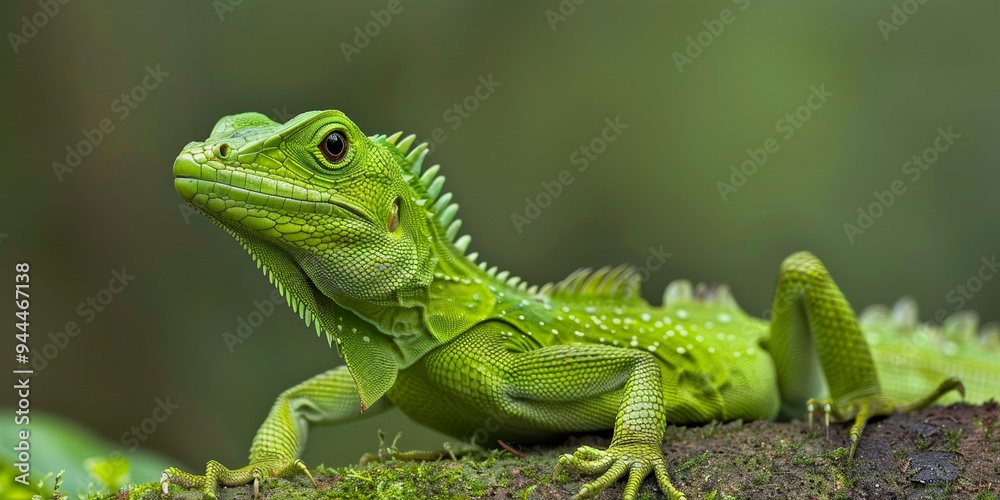 Basilisk lizard resting on a mossy surface, showcasing its vibrant green scales Basilisk lizard resting on a mossy surface, showcasing its vibrant green scales