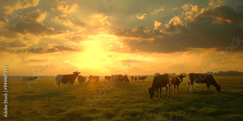 Fototapeta Naklejka Na Ścianę i Meble -  Herd of cows grazing in a field during a golden sunset
