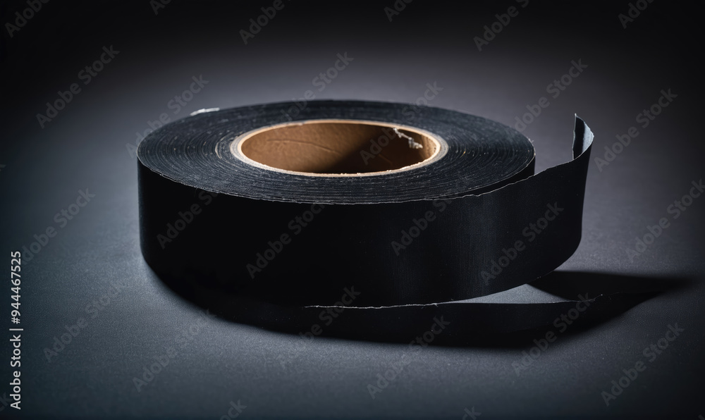 A roll of black tape sits on a dark surface, partially unrolled A roll of black tape sits on a dark surface, partially unrolled