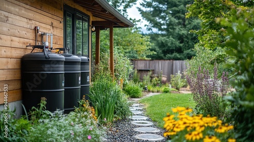 A residential property with visible rain barrels and a water filtration system for collecting and reusing rainwater