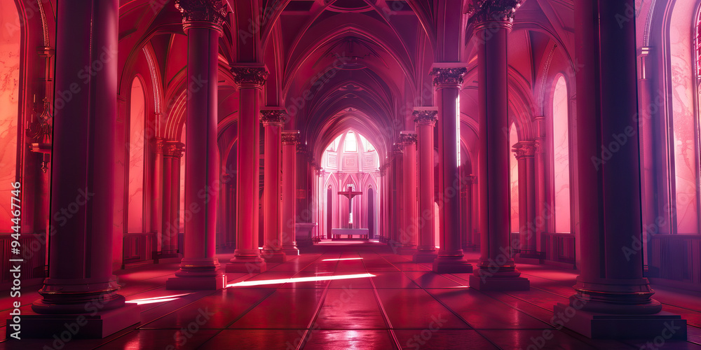 A rich burgundy wine color covers the walls and columns of a Catholic church, creating an intimate and warm atmosphere. A rich burgundy wine color covers the walls and columns of a Catholic church, creating an intimate and warm atmosphere.