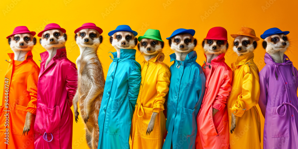 Meerkats in colorful trench coats and hats, lined up stylishly against a vivid yellow-orange background Meerkats in colorful trench coats and hats, lined up stylishly against a vivid yellow-orange background