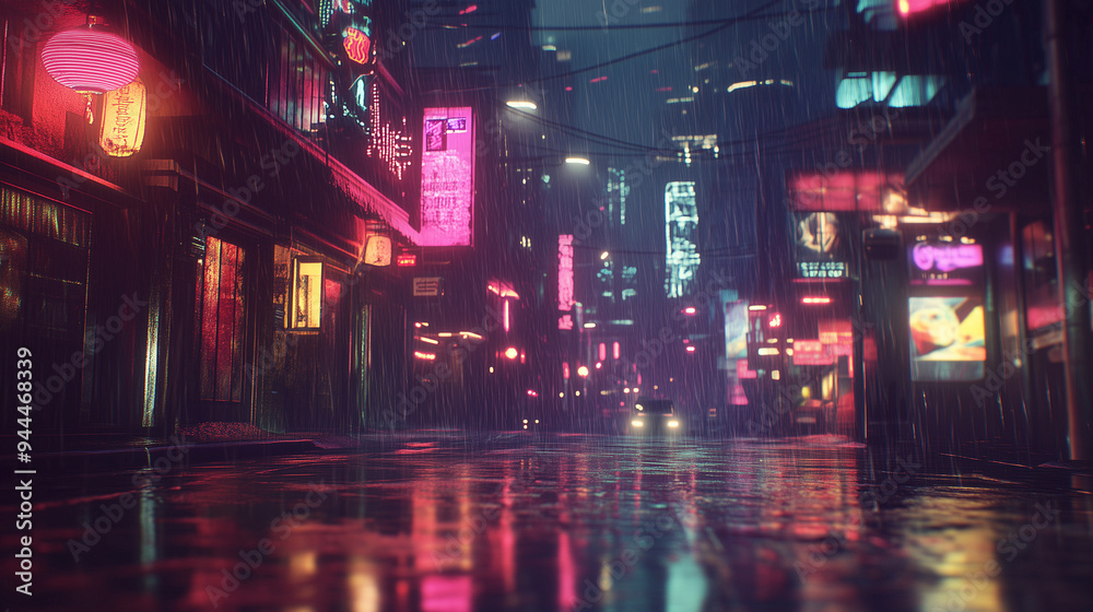 Obraz premium Cyberpunkowe miasto nocą, ukazująca puste, deszczowe ulice w dystopijnym krajobrazie. Obraz jest przepełniony neonowymi światłami, mgłą oraz ciemnymi kolorami.