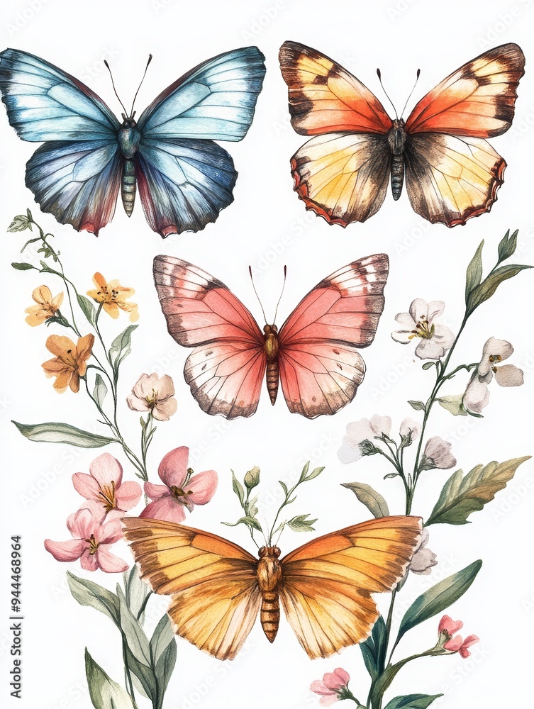 Watercolor Illustration of Four Butterflies and Flowers Watercolor Illustration of Four Butterflies and Flowers