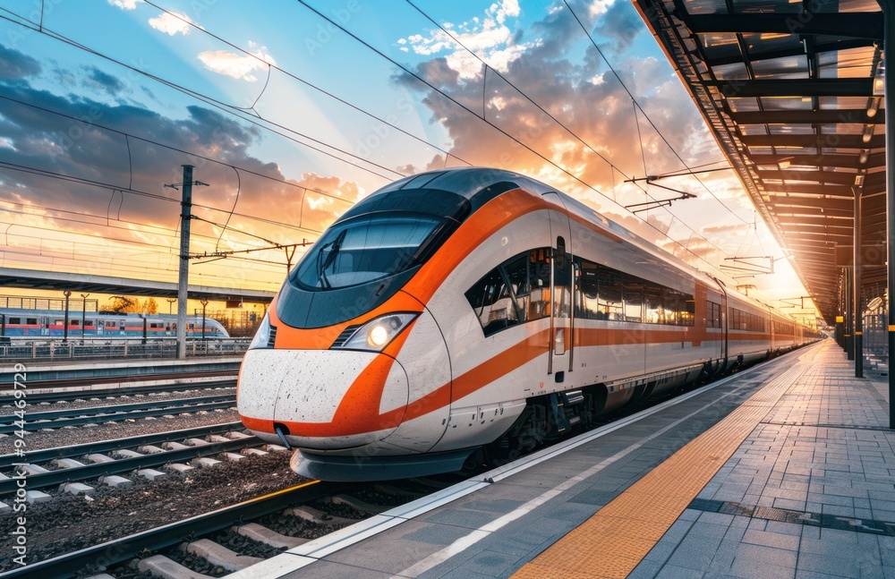 Naklejka premium High-Speed Train at Sunset on Platform