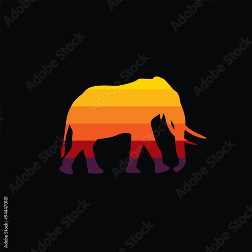 The silhouette of an elephant in a retro sunset. Original vector illustration in vintage style isolated on black background. photo