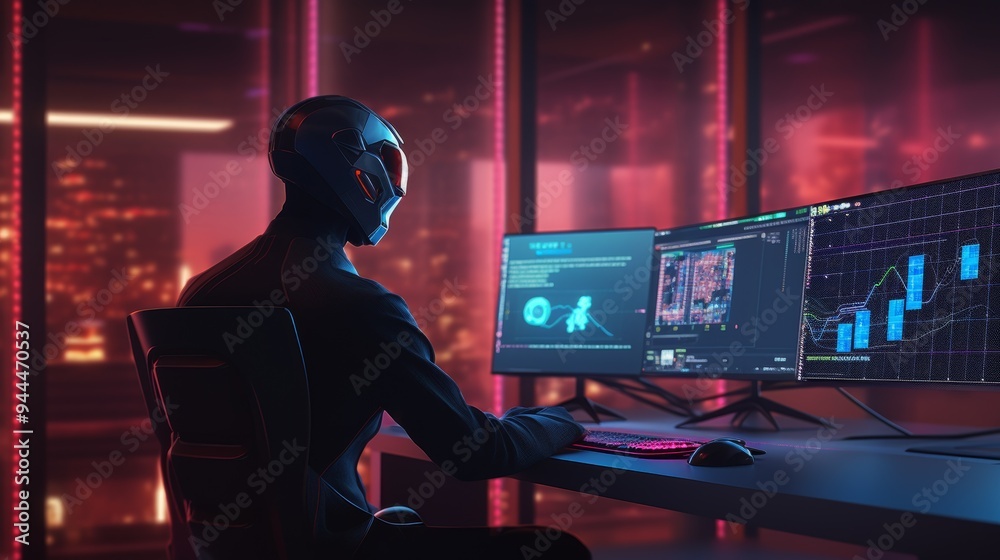 A professional using VR technology in a modern workspace, surrounded by digital screens showing complex data and interfaces. The image represents the intersection of virtual reality, cybersecurity A professional using VR technology in a modern workspace, surrounded by digital screens showing complex data and interfaces. The image represents the intersection of virtual reality, cybersecurity