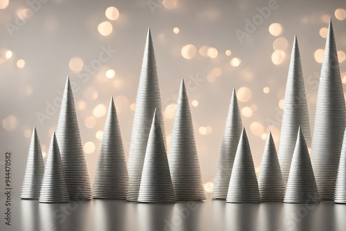 Christmas background featuring metallic, ribbed conical structures of varying heights arranged in a staggered layout against a warm, blurred bokeh backdrop, creating a festive and elegant atmosphere.