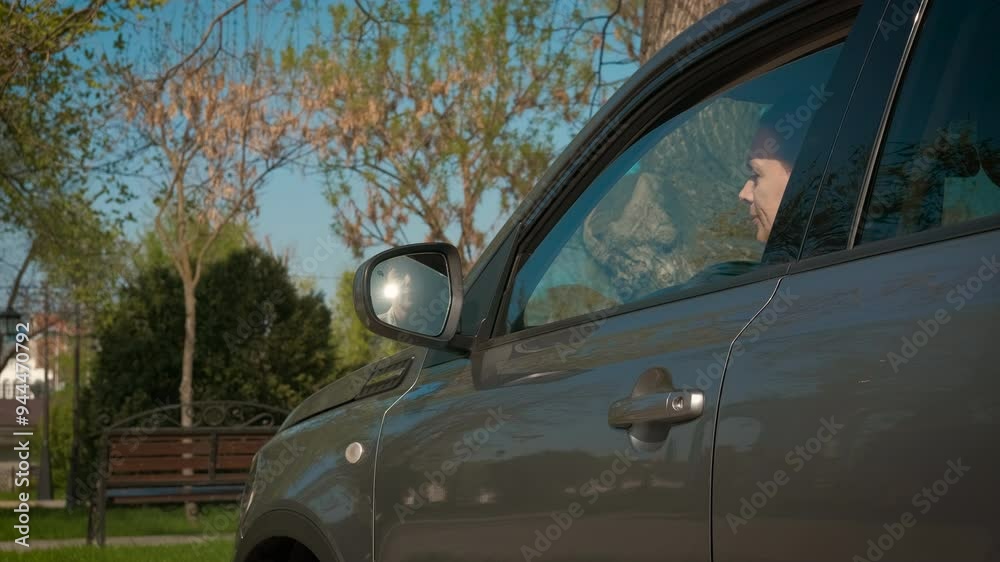 Alone lady passenger sitting in luxury vehicle. A view of smiling female look outside the car window at the parking. Alone lady passenger sitting in luxury vehicle. A view of smiling female look outside the car window at the parking.