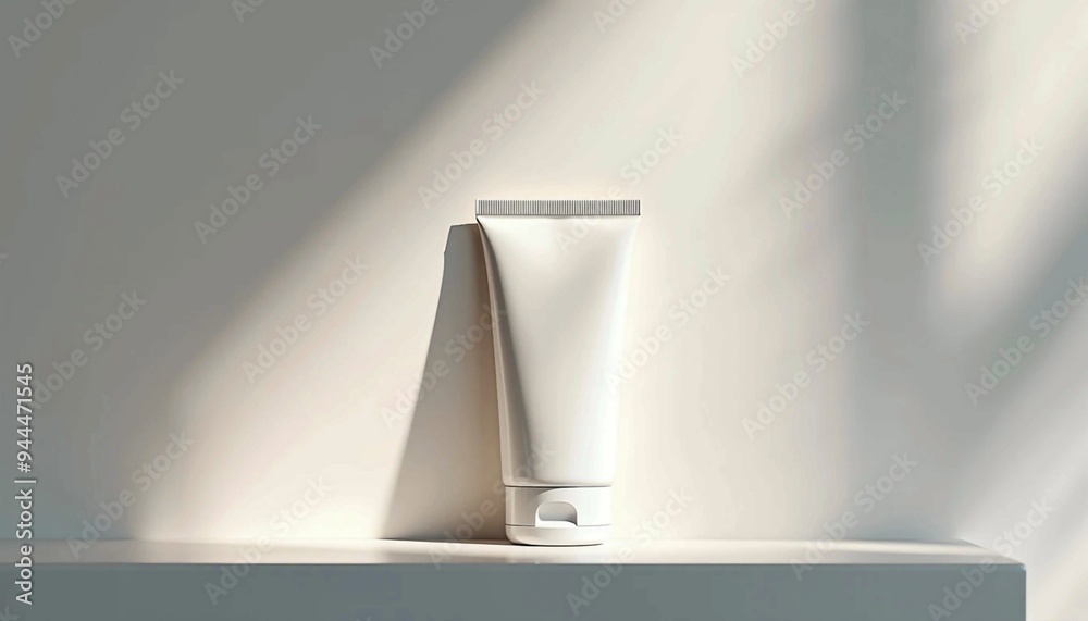 Minimalist Bathroom Shelf with Potted Plant, Dispensers, and Lotion Tube in Clean White Space Minimalist Bathroom Shelf with Potted Plant, Dispensers, and Lotion Tube in Clean White Space