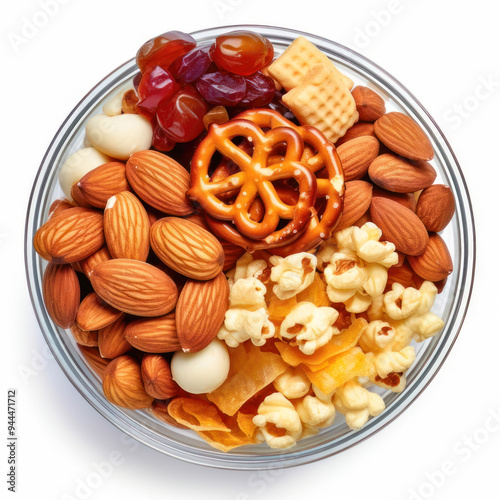 Salty Snacks in bowl, Chips, Pretzel, Crackers, Dried Fruits, texture isolated on white background. Party food mix, appetizers. Product snacks advertising