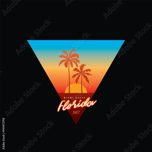 Original vector retro print isolated on black background. Palm trees on sunset background. T-shirt design.