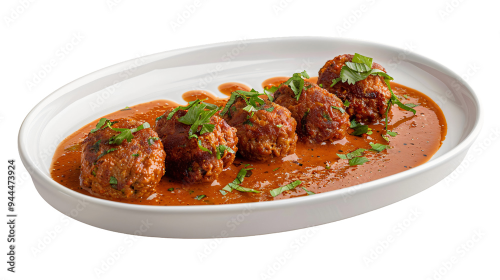 Delicious indian meatballs in a tasty tomato sauce topped with herbs, displayed on a clear background for convenient use in designs