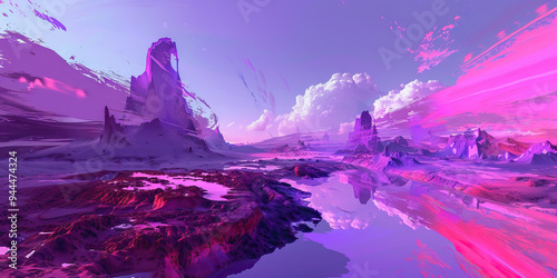 A surreal landscape of purples and pinks, with abstract shapes and forms, creating a dreamlike European landscape.