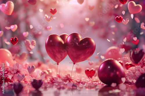 Set of Air Balloons. Bunch of red and pink color heart shaped foil balloons on Valentines day themed background.