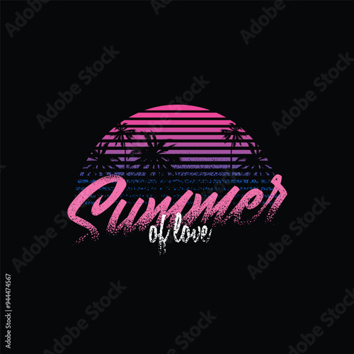 Original vector illustration in vintage style isolated on black background. Bright design in the spirit of the 80-90 years. Beach landscape. Palm trees on the background of the sea.