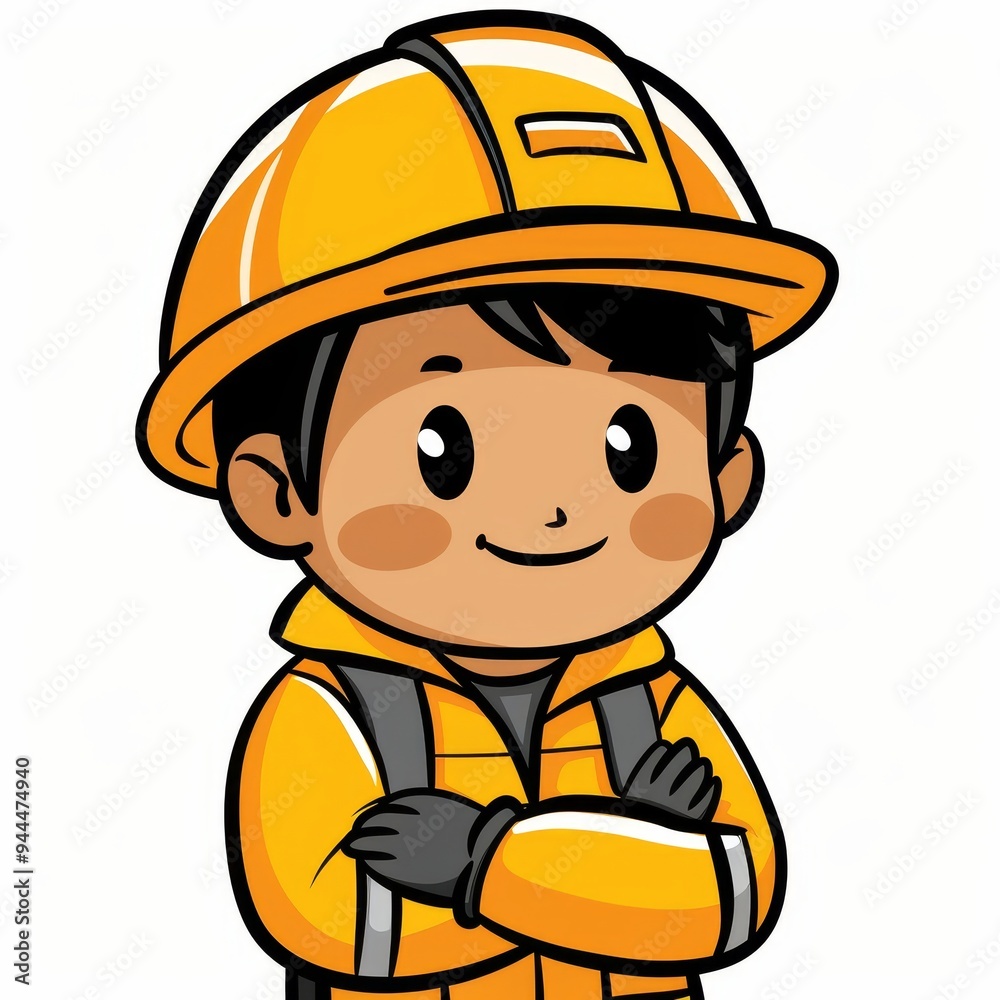 A confident construction worker in a yellow hard hat and coveralls stands with arms crossed. The worker exudes a sense of readiness and determination. Image isolated on a white background. A confident construction worker in a yellow hard hat and coveralls stands with arms crossed. The worker exudes a sense of readiness and determination. Image isolated on a white background.