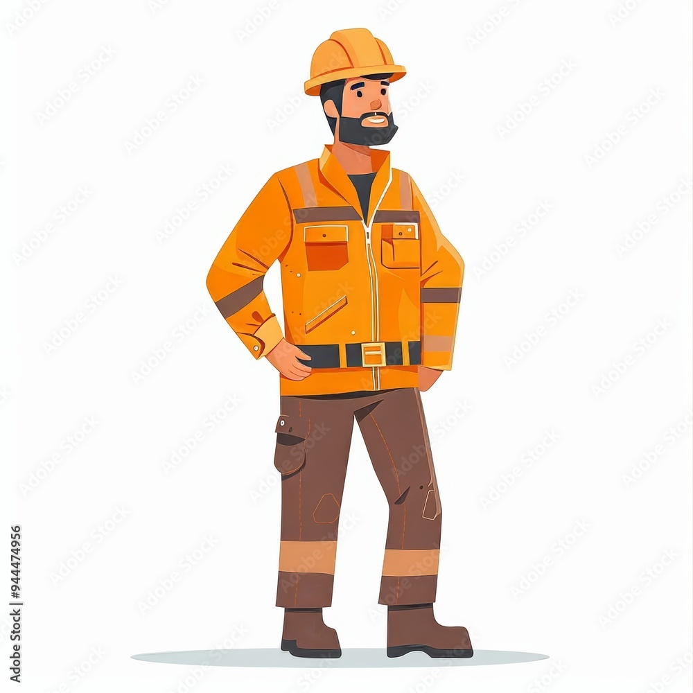 Full length portrait of a cheerful male worker in an orange jumpsuit and hardhat. This industrial worker stands confidently with hands on waist. Isolated on white background. Full length portrait of a cheerful male worker in an orange jumpsuit and hardhat. This industrial worker stands confidently with hands on waist. Isolated on white background.