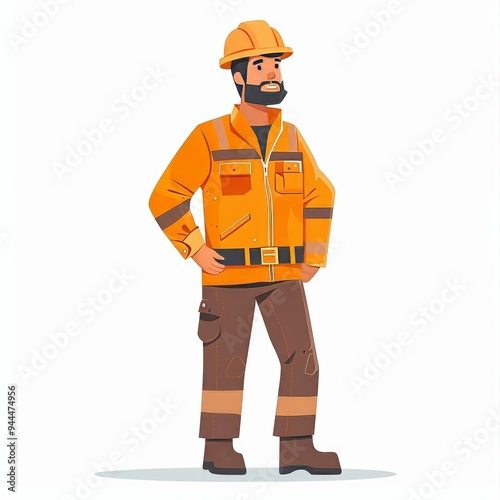 Full length portrait of a cheerful male worker in an orange jumpsuit and hardhat. This industrial worker stands confidently with hands on waist. Isolated on white background.