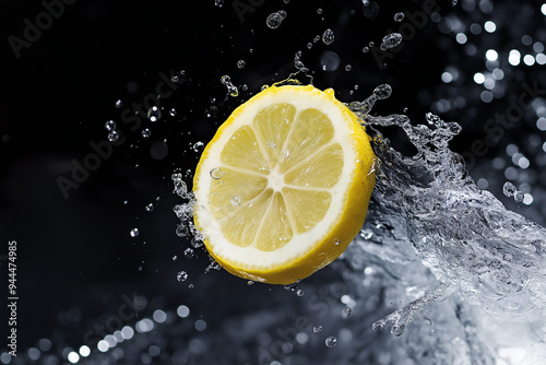 A lemon slice splashes into water, creating a vibrant and refreshing scene.