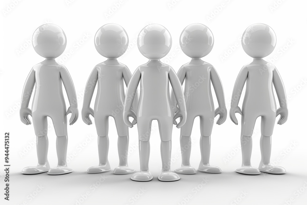 A 3D rendering of five featureless individuals in a row by height, facing the viewer with arms at their sides, against a white background creating a minimalist composition. A 3D rendering of five featureless individuals in a row by height, facing the viewer with arms at their sides, against a white background creating a minimalist composition.