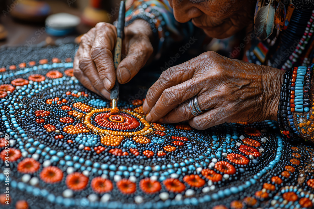 An artisan creating intricate beadwork in a workshop in a Native American community, showcasing indigenous craftsmanship. Concept of traditional art and cultural heritage. An artisan creating intricate beadwork in a workshop in a Native American community, showcasing indigenous craftsmanship. Concept of traditional art and cultural heritage.