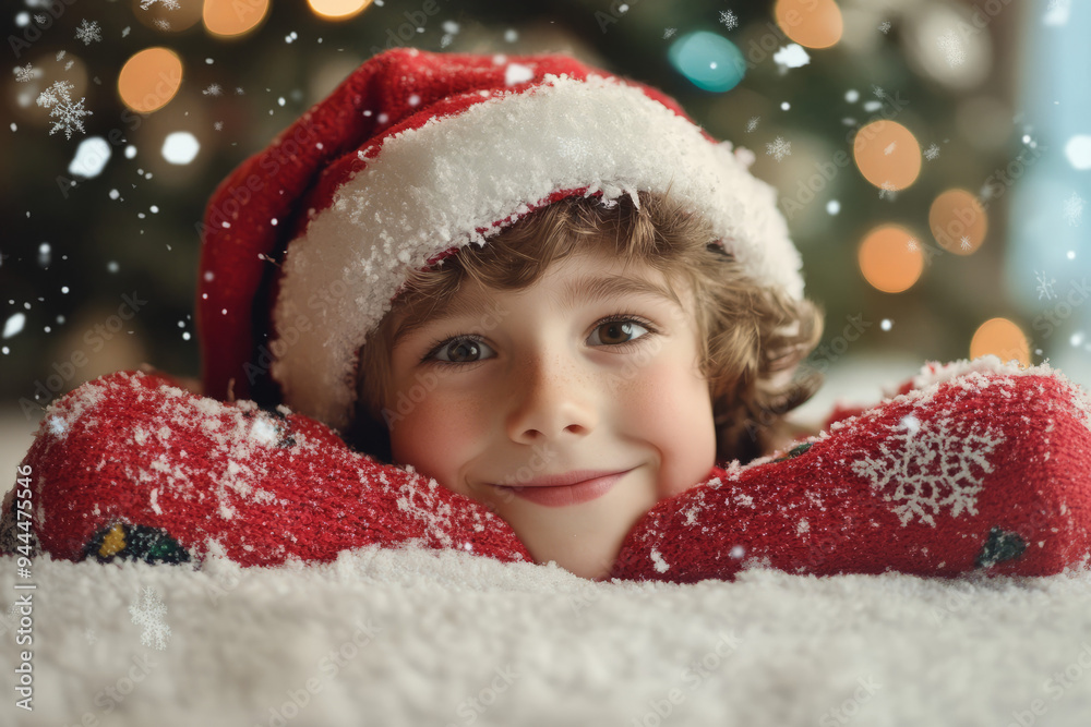 Adorable child in a Santa Claus hat closeup of face Christmas card style with snow and festive bokeh lights background with copy space.nostalgic childhood children kids holiday magic of Christmas Adorable child in a Santa Claus hat closeup of face Christmas card style with snow and festive bokeh lights background with copy space.nostalgic childhood children kids holiday magic of Christmas
